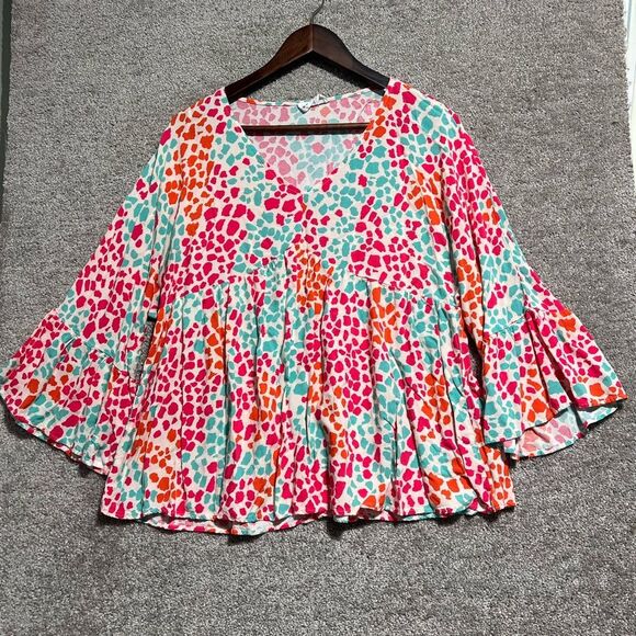 Emily Wonder Woman’s Multi Color Babydoll Top Blouse 3/4 Ruffle Sleeve Size L - Picture 1 of 8